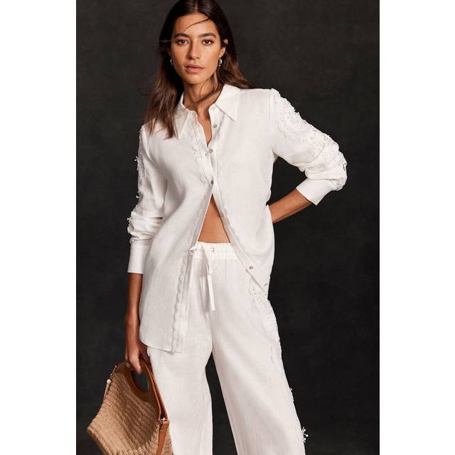 Mint Velvet Lace Trim Pure Linen Shirt, Ivory