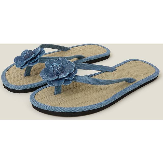 Denim Corsage Seagrass Flip Flops Blue, Size: M - Accessorize