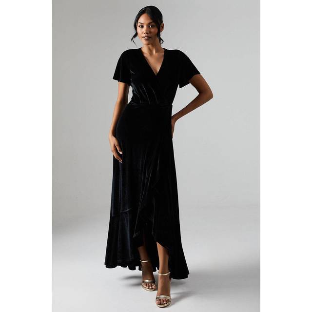 Debut London by Coast Angel Sleeve Waterfall Detail Velvet Bridesmaids Dress - Black - 8