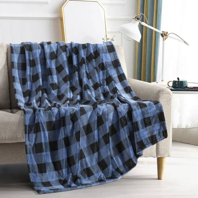 Elegant Comfort Velvet Touch Ultra Plush Christmas Holiday Buffalo Plaid Fleece Throw/Blanket-50 x 60inch  Buffalo Blue