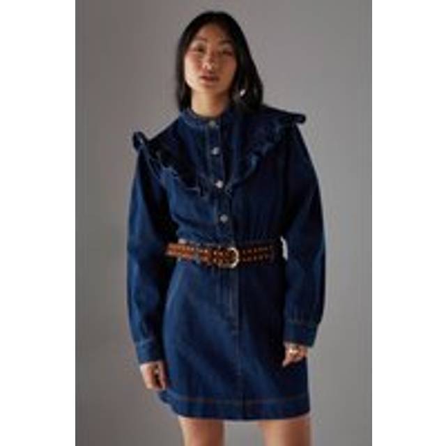 Womens Petite Denim Frill Yoke Relaxed Mini Shirt Dress - Grey - 10