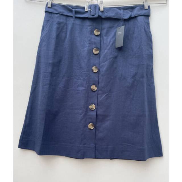 M&s sz 20 r blue linen blend button down skirt belted midi a line w38 l29