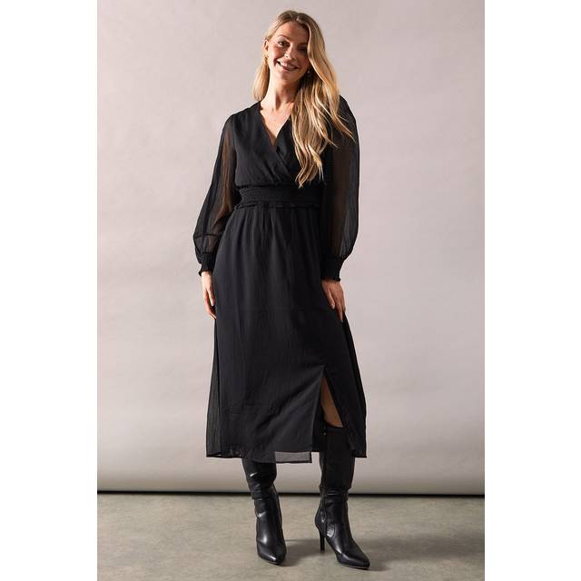 Wallis womens midi dress black elegant v neck shirred waist sheer long sleeves