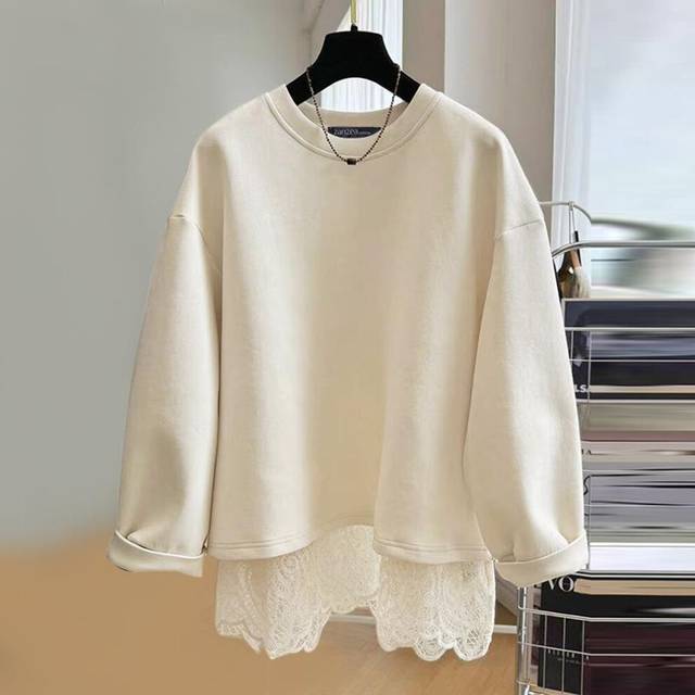 (3XL, beige) Zanzea Women Autumn Round Neck Long Sleeve Pullover Lace Hem Sweatshirts