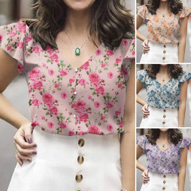 Women retro floral v-neck short sleeve tops cocktail party shirts ruffles blouse