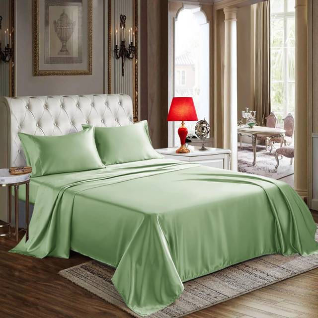 CozyLux Satin Sheets Queen Size - 4 Piece Sage Green Bed Sheet Set with Silky Microfiber  1 Deep Pocket Fitted Sheet  1 Flat Sheet  and 2 Pillowcases