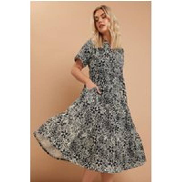 Yours Curve Black Floral Print Tiered Cotton Midaxi Dress, Women's Curve & Plus Size, Yours - 30-32