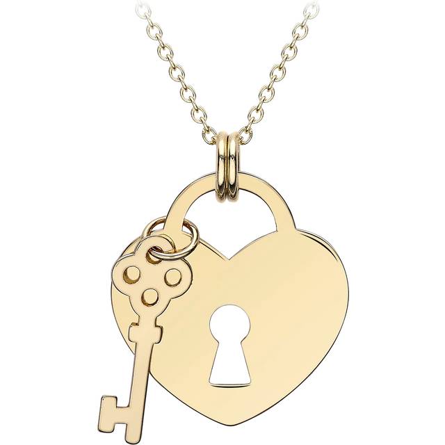 IBB 9ct Gold Heart Shaped Padlock & Key Pendant Necklace, Gold