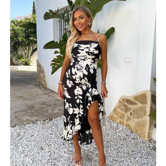 Black And White Floral Print Strappy High Low Frill Hem Midi Dress - Multi - 8