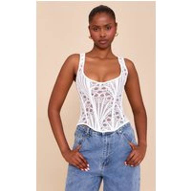 White Textured Sheer Floral Square Neck Corset, White - 14