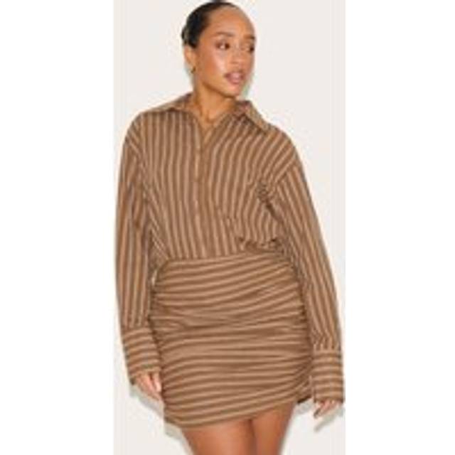 Shape Chocolate Striped Button Front Ruched Hem Shirt Dress, Chocolate - 12