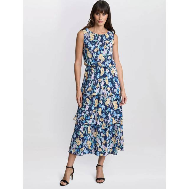 Gina Bacconi Zara Floral Plisse Tiered Dress, Navy/Multi