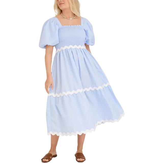 A-VIEW Jonna Scallop Trim Puff Sleeve Midi Dress, Light Blue