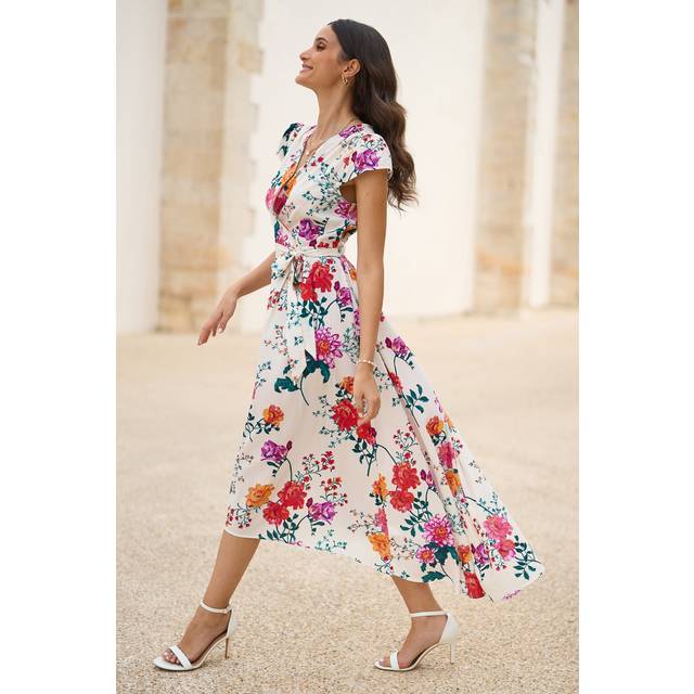 Ivory Flower Print Wrap Midi Dress - 10