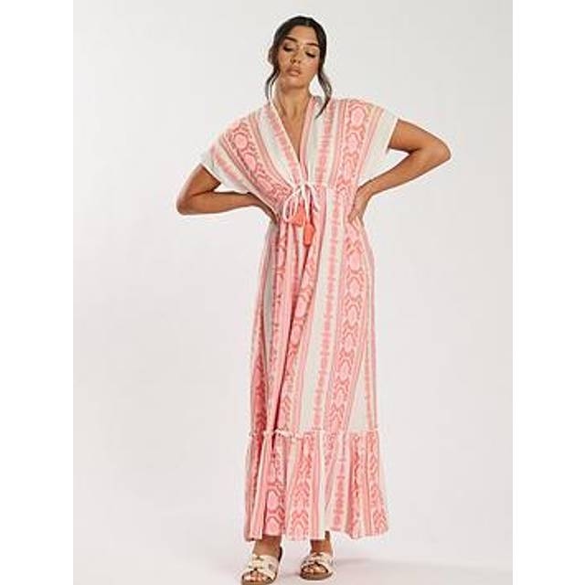 South Beach Jacquard V Neck Maxi Dress - Pink, Pink, Size 12, Women