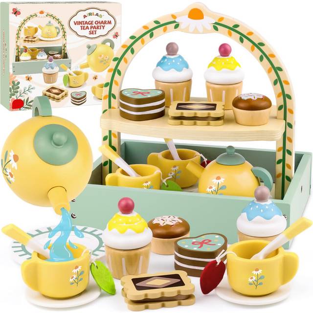 Airlab Wooden Tea Set for Toddlers, Childrens Toy Tea Set for 3 4 5 Years Old Girls and Boys Afternoon Tea Party Pretend Play Kitchen Accessories with