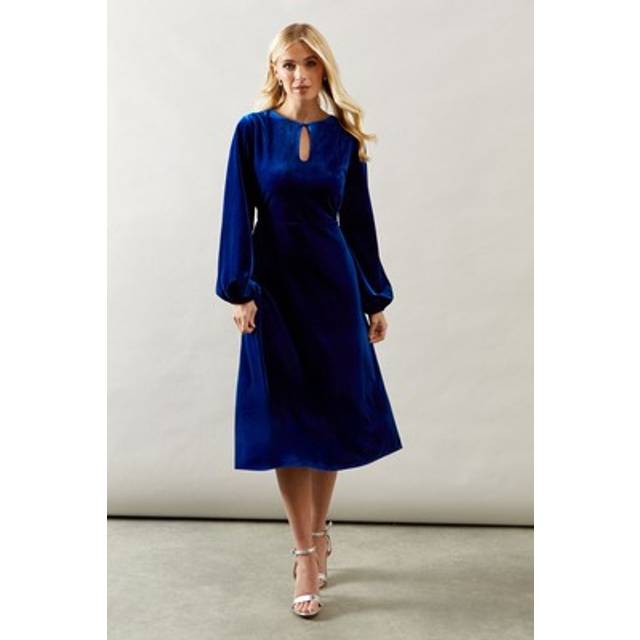 Womens Petite Velvet Cowl Back Midi Dress - Cobalt - 10