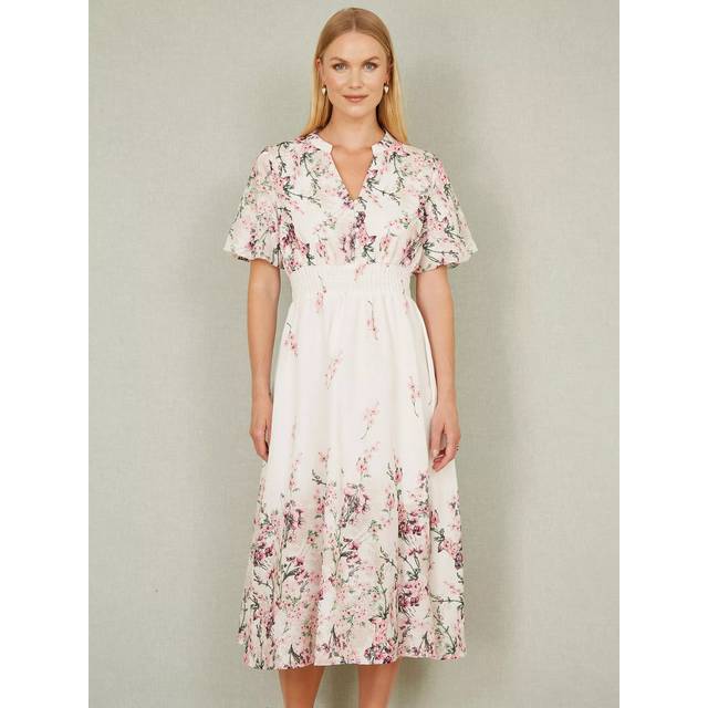 Yumi White Mirrored Floral Button Up Midi Dress With Ruched Waist - Size 16 UK - Yumi