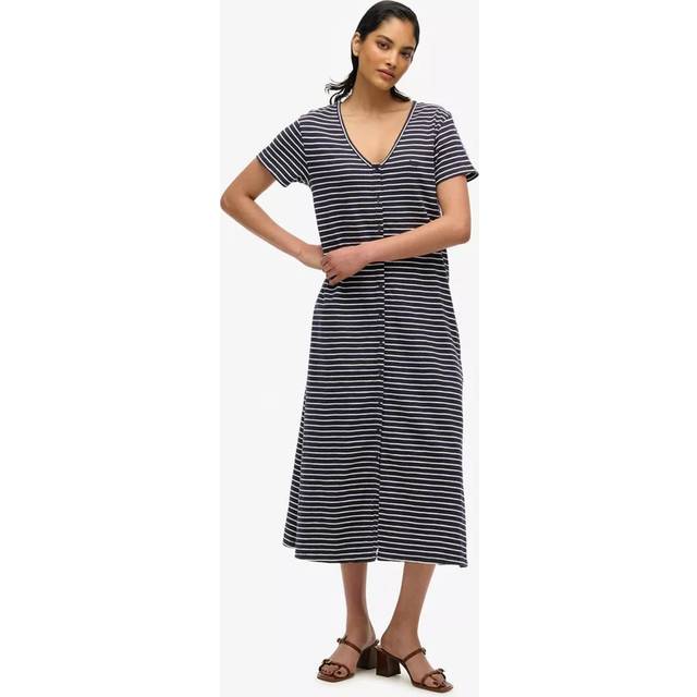 Women's Superdry Women's Short Sleeve Button Thru Jersey Midi Navy Optic Stripe - Size: 14