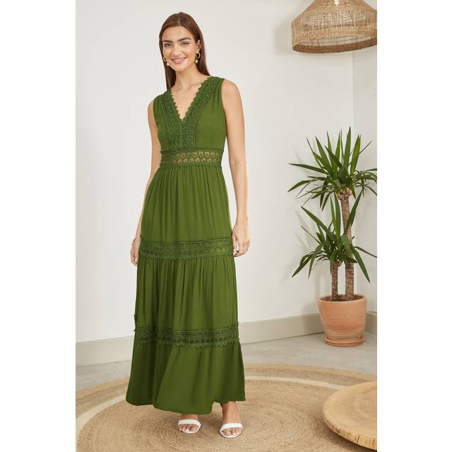 Yumi Women's Green Lace Trim Maxi Dress New Look - M