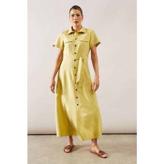 Womens Viscose Linen Pocket Shirt Midaxi Dress - Mustard - 8