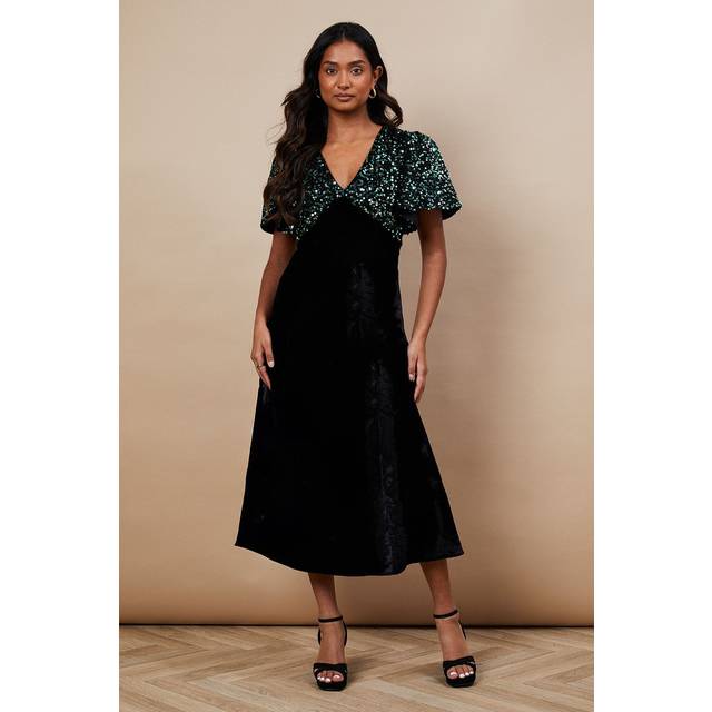Occasion Velvet Sequin Midi Dress - Green - 10,12,6,8