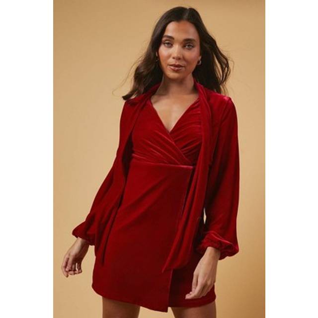 Oasis womens mini dress red velvet tie neck bell sleeves wedding cocktail