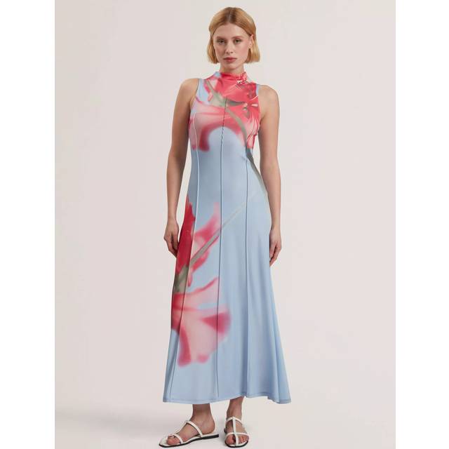 High Neck Printed Jersey Midi Dress