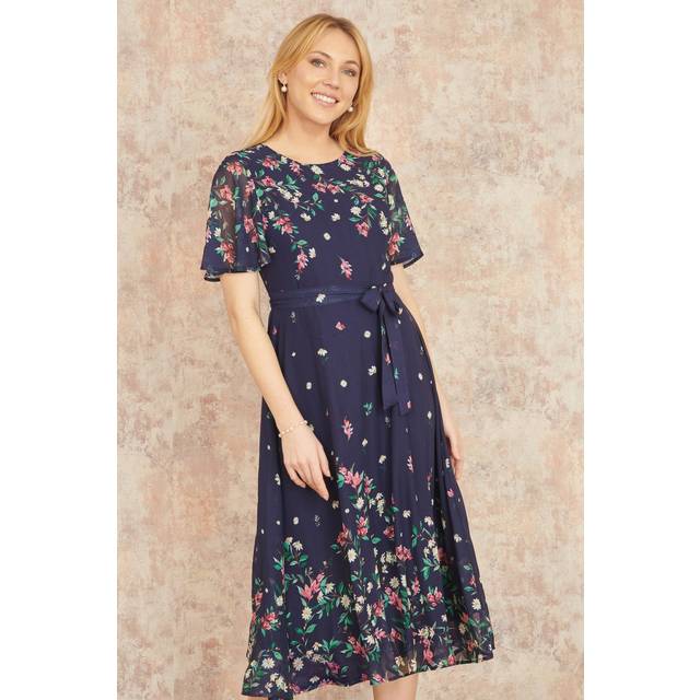 Yumi Navy Daisy Mirror Placement Skater Dress With Angel Sleeves - Size 16 UK - Yumi