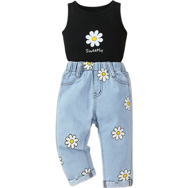 SHEIN Baby Girl Holiday Style Cute Floral Printed Vest And Loose Comfortable Elastic Waist Jeans Set