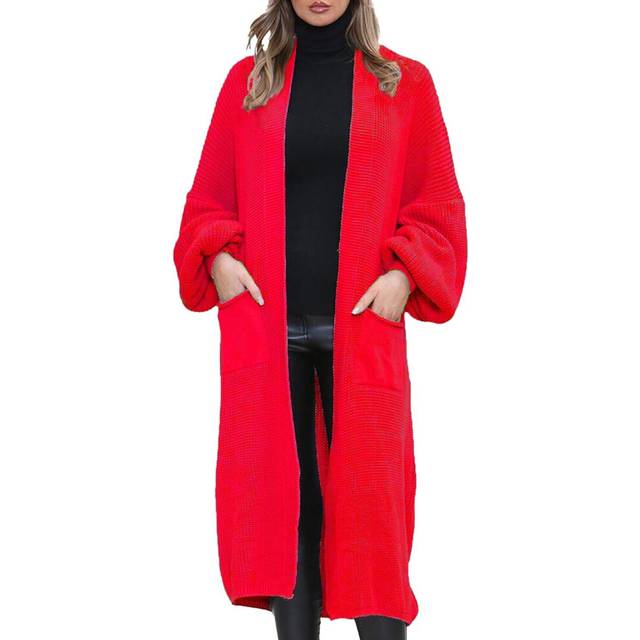 (Red, UK 2XL 20-22) Womens Chunky Knitted Oversized Cardigan Lady Balloon Sleeve Long Maxi Cardigan.