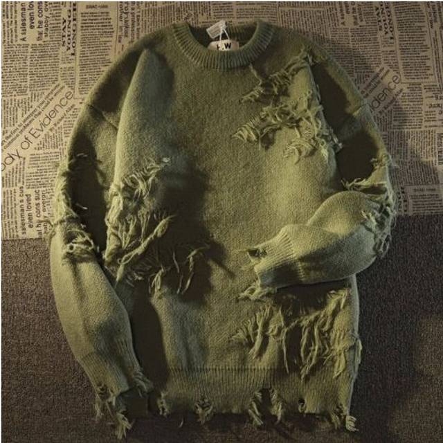 (Green, Tag 3XL=US/UK XL) Autumn/Winter Street Wear Mens Broken Tassel Sweater Loose Ripped Knit Sweater