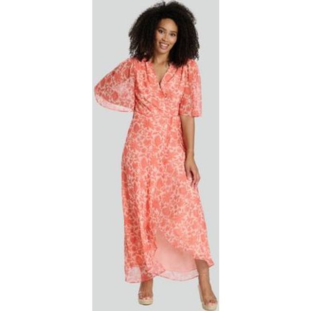 South Beach Printed Short Sleeve Wrap Midi Dress, Coral