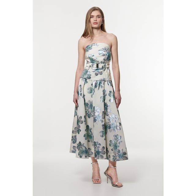 Tall Diamante Trim Bodice Detail Metallic Jacquard Prom Dress - Blue
