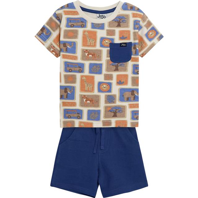 JoJo Maman Bébé Baby Cotton Safari Print T-Shirt & Shorts Set, Ecru