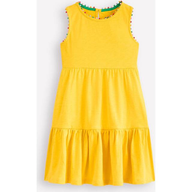 Mini Boden Kids' Ali Cotton Pom-Pom Trim Tiered Dress, Pineapple Yellow