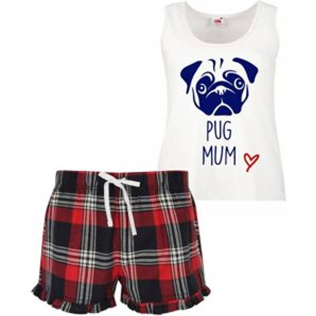 Pug Mum Pyjama Set Pink Tartan Friend Present - Red