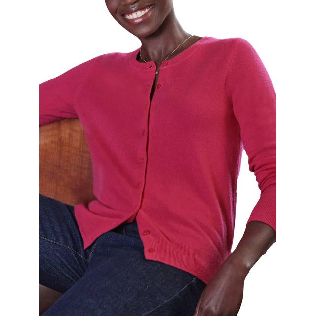 Pure Collection Crew Neck Pure Cashmere Cardigan, Deep Azalea