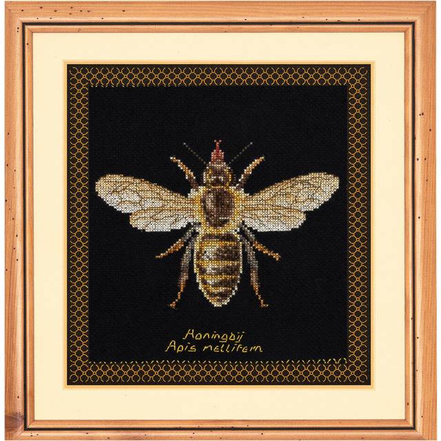 Thea Gouverneur Honey Bee Cross Stitch Kit - 18 Count Aida Black - Complete Embroidery Kit for Adults - Includes DMC Threads  Needle  and Instructions
