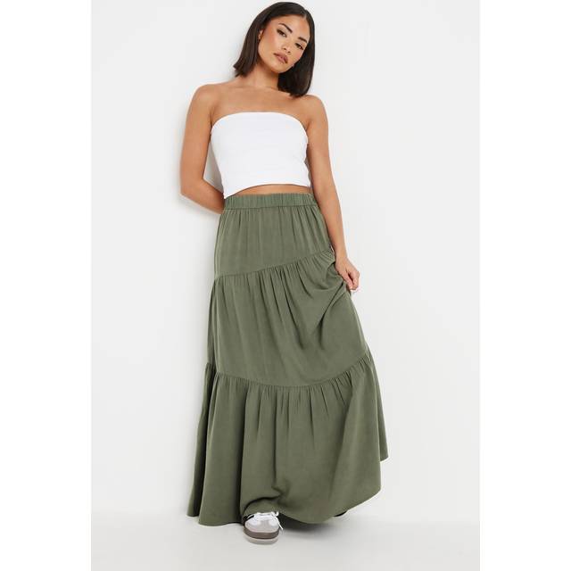 Pixiegirl Khaki Green Asymmetric Tiered Maxi Skirt 8 Pixiegirl | Petite Women's Maxi Skirts