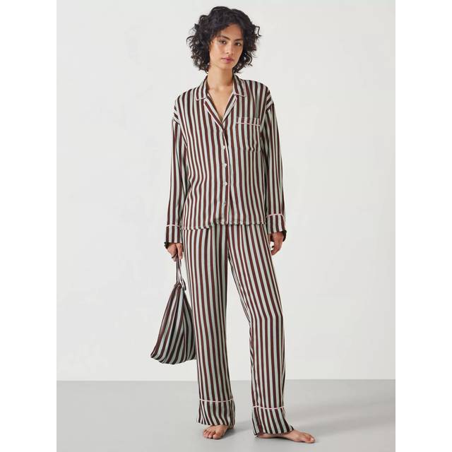 HUSH Angelina Satin Modal Stripe Pyjamas, Mint Brown Stripe