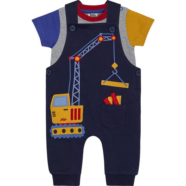 JoJo Maman Bebe Baby Boys 2-piece Crane Applique Dungarees & T-shirt Set - Navy, Navy, Size 6-12 Months - 6-12 MONTHS