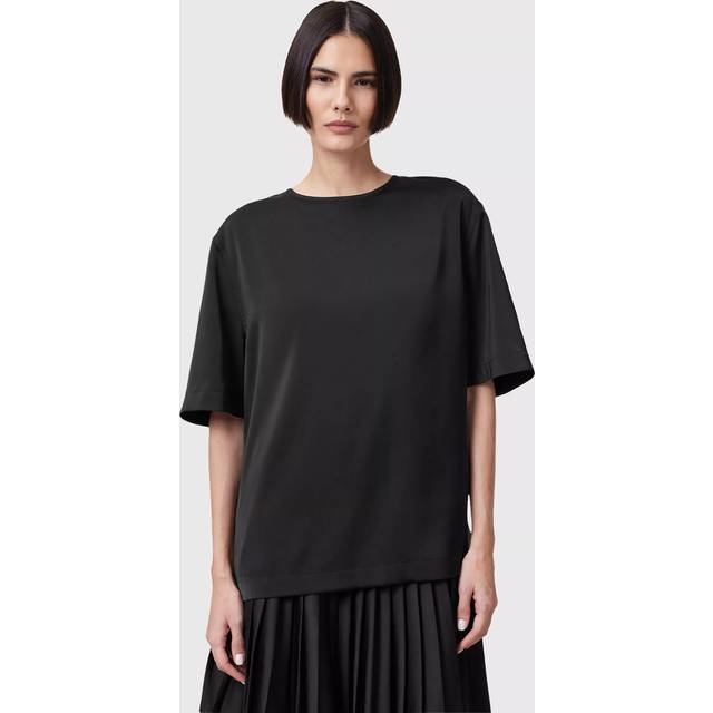 Amelie Satin T-Shirt - Black - Founded in London in 1994, AllSaints has been crafting iconic leather pieces for decades. As well as statement jackets, biker boots, and accessories, the brand’s everyday items offer a dose of attitude with distressed detailing, daring prints and the signature Ramskull logo.