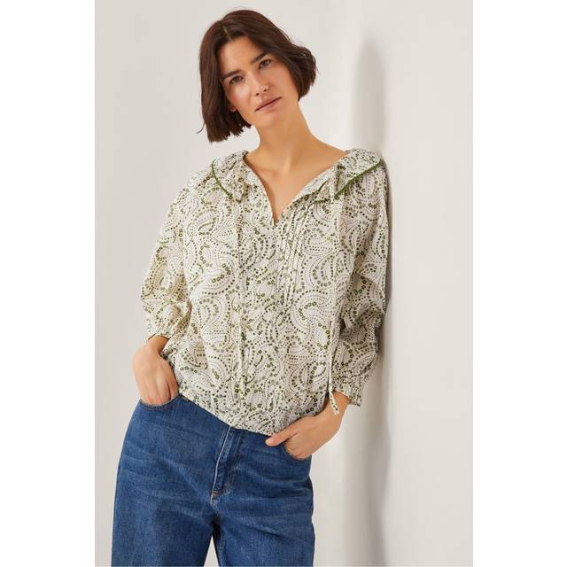 Monsoon Delma Pintuck Floral Frilly Blouse, Ivory/Green