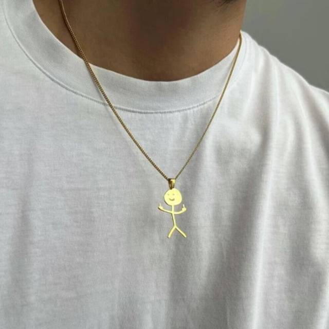 (gold) Fashion Hip Hop Funny Doodle Pendant Necklace For Man Woman Stickman Middle Finger Rock Punk Necklace Party Jewelry