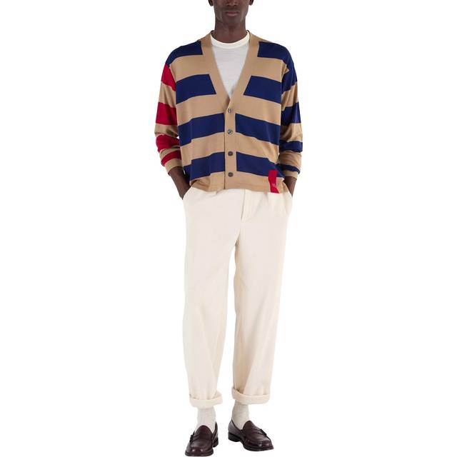 John Smedley Merino Wool Stripe Contrast Sleeve V-Neck Cardigan, Light Camel / Ink