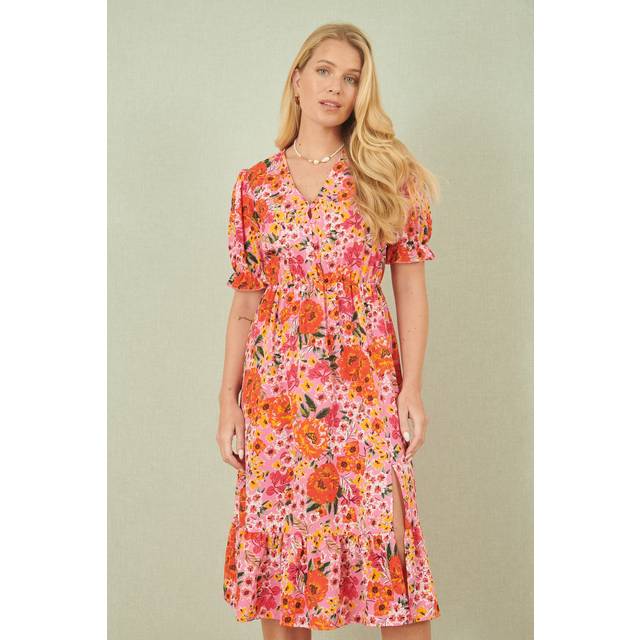 Yumi Pink Floral Midi Dress With Frill Hem and Puff Sleeves - Size 8 UK - Yumi