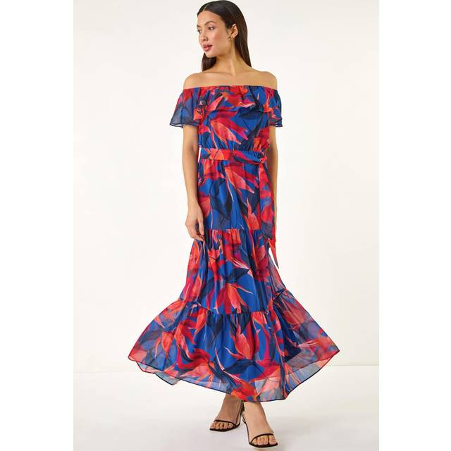 Floral Print Bardot Belted Maxi Dress - Navy - 18