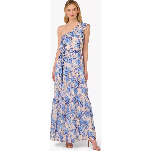 One Shoulder Metallic Stripe Floral Maxi Dress In Champagne Blue Multi - Champagne/Blue Multi - 10