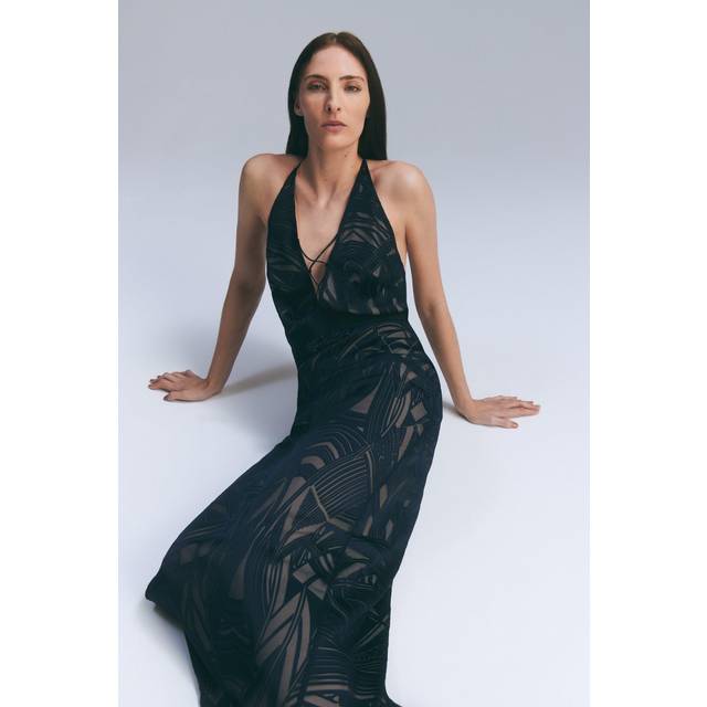 Amelia Graham Burnout Lace Up Detail Woven Column Dress - Navy - 10